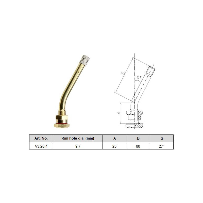 TBR valves/ventiļi V3.20.4, 25/60mm d=9.7, 12pcs./pack.