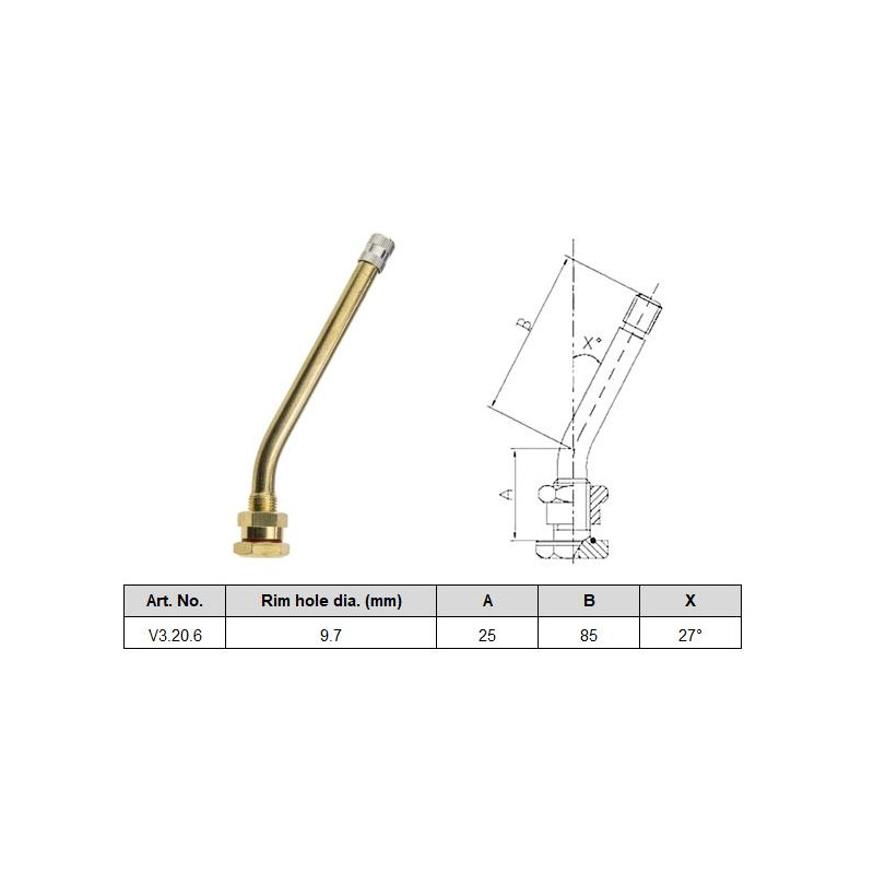 TBR valves/ventiļi V3.20.6, 25/85mm d=9.7, 12pcs./pack.